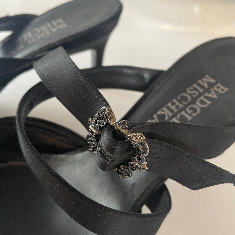 Black satin evening strap shoes. Heels.